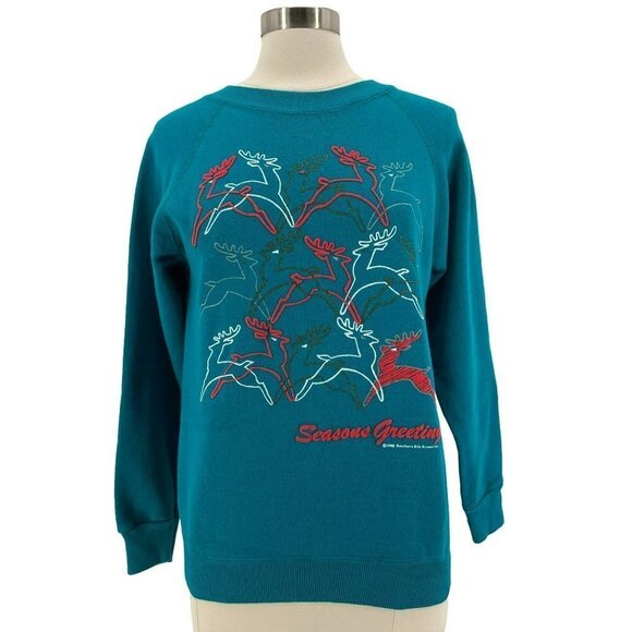 Vintage Hanes Seasons Greetings Reindeer Christmas Puffy Print Sweatshirt Medium - Picture 1 of 7